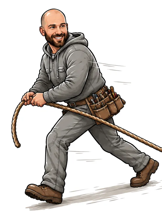 Drawing of Corey Bruchman in work clothes and a tool belt, pulling a rope