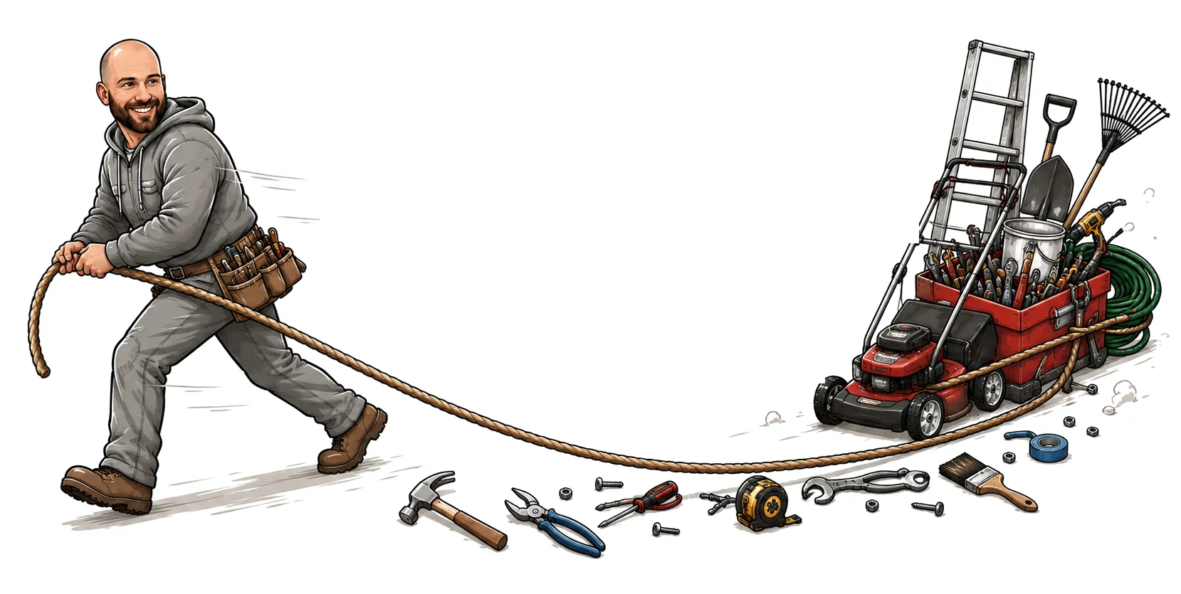 Drawing of Corey Bruchman hauling a mower, ladder and toolbox behind him on a rope